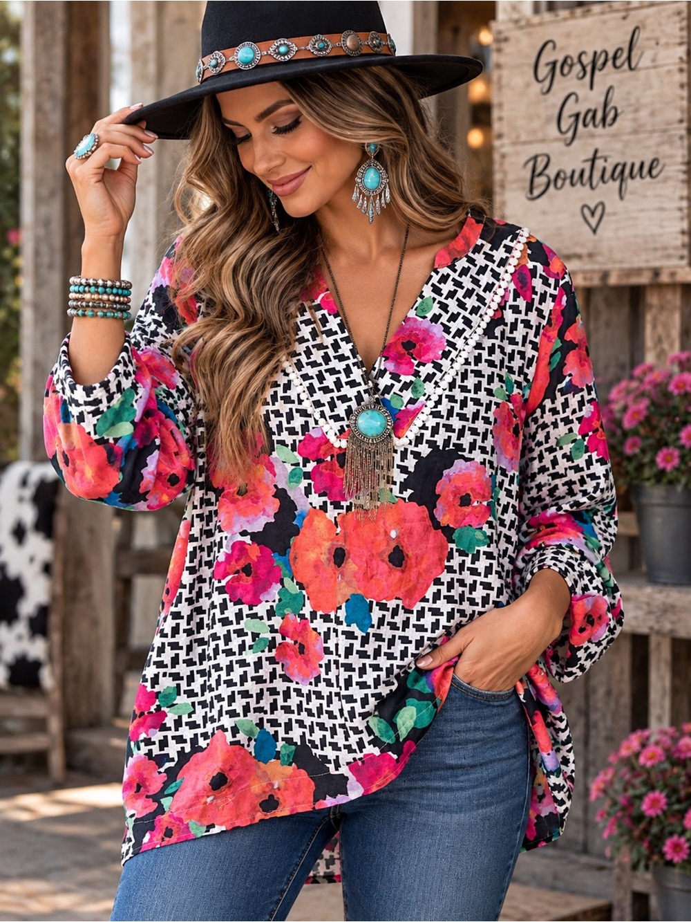 Rafaella L Floral Geometric Print Tunic Blouse Pom Pom Trim Boho
